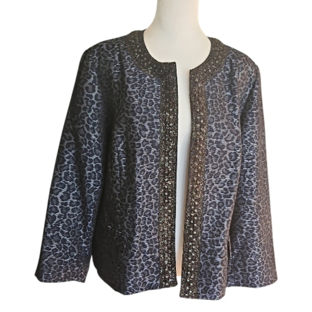 Chico's Navy Blue & Black Animal Print Embellished  Women's Jacket